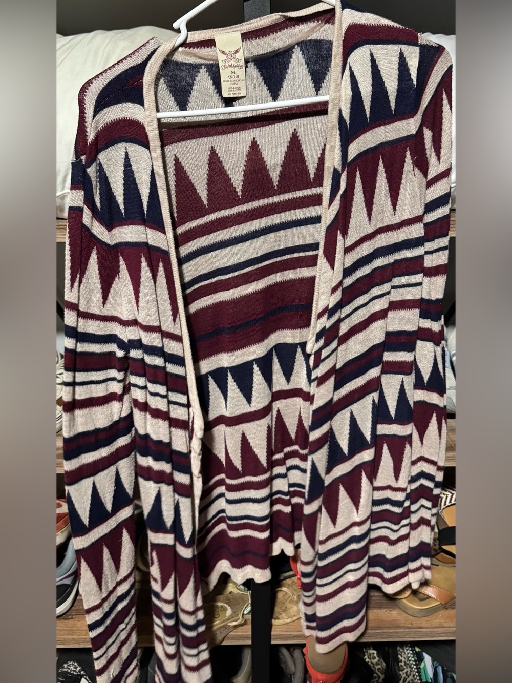 Faded Glory Burgundy Navy Cream Aztec Open Cardigan